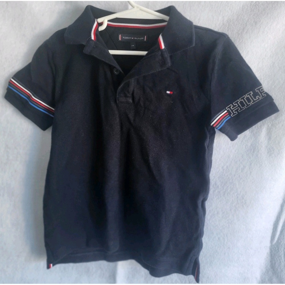 Tommy hilfiger boys black 116 6/7 polo‎ shirt logo stripe